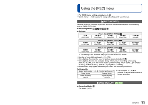 Page 9594   VQT2R48VQT2R48   95
 
Using the [REC] menuUseful features for travel [TRAVEL MODE] (Continued)
Recording Mode: ∗       ∗      
 
●For [REC] menu setting procedures ( →20) 
●‘Quick menu’ ( →112) is useful to easily call up frequently-used menus.
  [PICTURE SIZE]
Set size of picture. Number of pictures which can be recorded depends on\
 this setting 
and on [QUALITY] (→96).
 
■Recording Mode:       
 
■Settings:
Picture Size ([ASPECT RATIO]: ) 12 M 
8 M  ∗15 M 3 M ∗10.3 M 4000×3000 3264×2448 2560×1920...