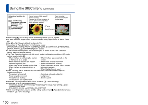 Page 100100   VQT2R48VQT2R48   101
For [REC] menu setting procedures (→20)Using the [REC] menu (Continued)
 Determined position for 
focus
  (1-area-focusing 
(High speed: Focuses 
faster than other 
settings))
 (1-area-focusing) (Spot-focusing) 1-area-focusing (High speed)/
1-area-focusing:
Focuses on AF area in centre of 
picture. (Recommended when 
focus is difficult to align) 
Spot-focusing:
Focuses on smaller, 
limited area.
AF area
Spot AF  area
 
●When using , picture may freeze momentarily before focus...