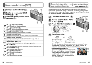 Page 916   VQT2S91 (SPA) (SPA) VQT2S91   17
Selección del modo [REC]Toma de fotografías con ajustes automáticos
Modo [AUTO INTELIGENTE]Modo de grabación: 
Conecte la alimentación (A).A
BC
Deslice el conmutador [REC/
PLAY] (
B ) a .
Cambie el modo girando el dial 
de modo (
C).
Modo [AUTO INTELIGENTE]Tome imágenes con ajustes automáticos.
Modo [PROGRAMA AE]Grabe las fotografías con sus propios ajustes.
Modo [PRIOR. ABERTURA]Determine la apertura y luego grabe las fotografías.
Modo [PRIOR. OBTUR.]Determine la...