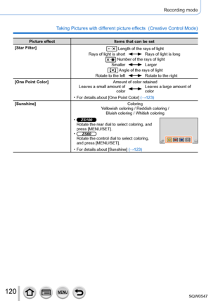 Page 120120
Recording mode
Taking Pictures with different picture effects  (Creative Control Mode) 
Picture effectItems that can be set
[Star Filter]
 Length of the rays of light
Rays of light is shortRays of light is long Number of the rays of light
SmallerLarger Angle of the rays of light
Rotate to the leftRotate to the right
[One Point Color] Amount of color retained
Leaves a small amount of 
color
Leaves a large amount of 
color
 • For details about [One Point Color

] (→123)
[Sunshine] Coloring
Yellowish...
