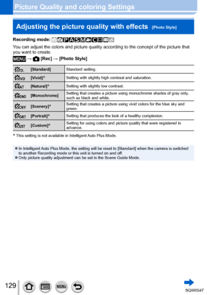 Page 129129
Picture Quality and coloring SettingsAdjusting the picture quality with effects  
[Photo Style]
Recording mode: 
You can adjust the colors and picture quality according to the concept of\
 the picture that 
you want to create.
 →  [Rec] → [Photo Style]
[Standard] Standard setting.
[Vivid]*Setting with slightly high contrast and saturation.
[Natural]*Setting with slightly low contrast.
[Monochrome]Setting that creates a picture using monochrome shades of gray only, 
such as black and white....