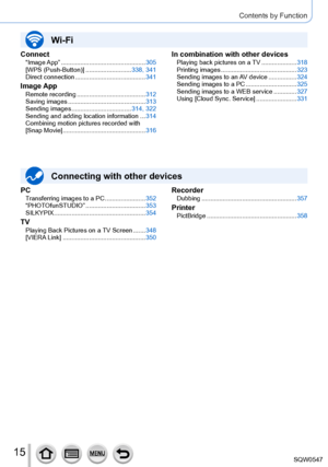 Page 1515
Contents by Function
PC
Transferring images to a PC ......... ..............352
“PHOTOfunSTUDIO” ................................. .353
SILKYPIX
 .........

........................................... 354
TVPlaying Back Pictures on a TV Screen .......348
[VIERA  Link] ................................. ..............350
Connecting with other devices
RecorderDubbing ........ .............................................. 357
PrinterPictBridge ................................................... 358...