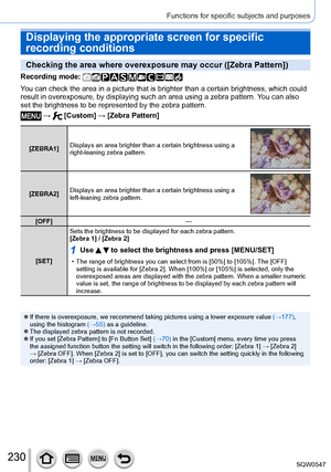 Page 230230
Functions for specific subjects and purposes
Displaying the appropriate screen for specific 
recording conditions
Checking the area where overexposure may occur ([Zebra Pattern])
Recording mode: 
You can check the area in a picture that is brighter than a certain brigh\
tness, which could 
result in overexposure, by displaying such an area using a zebra pattern\
. You can also 
set the brightness to be represented by the zebra pattern.
 →  [Custom] → [Zebra Pattern]
[ZEBRA1]Displays an area brighter...