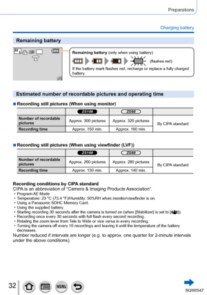 Page 3232
Preparations
Charging battery
Remaining battery
60pRemaining battery (only when using battery)
(flashes red)
If the battery mark flashes red, recharge or replace a fully charged 
battery.
Estimated number of recordable pictures and operating time
 ■Recording still pictures (When using monitor)
ZS100ZS60
Number of recordable 
pictures Approx. 300 pictures Approx. 320 pictures
By CIPA standard
Recording time Approx. 150 min. Approx. 160 min.
 ■Recording still pictures (When using viewfinder (LVF))...