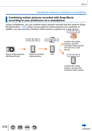 Page 316316
Wi-Fi
Operating the camera by connecting it to a smartphone
Combining motion pictures recorded with Snap Movie 
according to your preference on a smartphone
Using a smartphone, you can combine motion pictures recorded with the ca\
mera’s [Snap 
Movie] function (→262). Music can be added to motion pictures to be combined. In 
addition, you can save the combined motion picture or upload it on a web\
 service.
Record motion pictures 
with [Snap Movie]Send the recorded 
motion picturesEditWEB 
services...