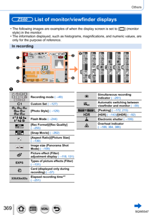 Page 369369
Others
ZS60 List of monitor/viewfinder displays
 • The following images are examples of when the display screen is set to [\
  ]  (monitor 
style) in the monitor.
 • The information displayed, such as histograms, magnifications, and numer\
ic values, are  only for the purpose of reference.
In recording
       1 Recording mode  (→49)
Custom Set (→127)    [Photo Style] (→129)
       Flash Mode (→244)
60p[Rec Format]/[Rec Quality] 
(→255)
[Snap Movie] (→262)
[Aspect Ratio]/[Picture Size] 
(→139)
 Image...