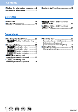 Page 55
Contents
 ■Finding the information you need .....2
 ■How to use this manual ....... ...............3
 ■Before use ......................................... 16
 ■Standard Accessories ....... ...............18
Before Use
 ■ZS100 Names and Functions  
of Main Parts ....... .............................. 19
 ■ZS60 Names and Functions  
of Main Parts ....... .............................. 21
Preparations
 ■Attaching the Hand Strap ....... ..........23ZS100 Attaching the Shoulder Strap...