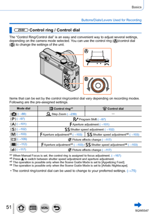 Page 5151
Basics
Buttons/Dials/Levers Used for Recording
ZS60 Control ring / Control dial
The “Control Ring/Control dial” is an easy and convenient way to a\
djust several settings, 
depending on the camera mode selected. You can use the control ring ()/control dial 
() to change the settings of the unit.
Items that can be set by the control ring/control dial vary depending on\
 recording modes.
Following are the pre-assigned settings.
Mode dial Control ring*1 Control dial
[
  ] (→88) Step Zoom (→239) —
[
]...