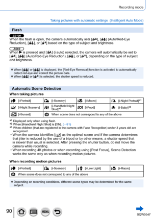 Page 9090
Recording mode
Taking pictures with automatic settings  (Intelligent Auto Mode) 
Flash
ZS100When the flash is open, the camera automatically sets [  ],  [  ]  (Auto/Red-Eye 
Reduction), [  ], or [  ] based on the type of subject and brightness.
ZS60When  is pressed and [  ] (i auto) selected, the camera will automatically be set to 
[  ],  [  ] (Auto/Red-Eye Reduction), [  ], or [  ], depending on the type of subject 
and brightness.
 ●When [  ] or [  ] is displayed, the [Red-Eye Removal ] function is...