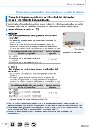 Page 102102
Modo de grabación
Toma de imágenes ajustando el valor de apertura y la velocidad del obt\
urador
Toma de imágenes ajustando la velocidad del obturador  
(modo Prioridad de obturación AE)
Si aumenta la velocidad del obturador, puede reducir las vibraciones al grabar un sujeto. 
Cuando se reduce la velocidad del obturador, se muestra el movimiento del sujeto.
1Ajuste el disco de modo en [  ]
2ZS100Gire el selector trasero para ajustar la velocidad del 
obturador
 • La operación también puede ejecutarse...