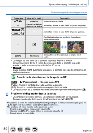 Page 169169
Ajuste del enfoque y del brillo (exposición)
Toma de imágenes con enfoque manual
Operación Operación táctilDescripción
   ArrastrarMueve el área ampliada.
— Juntar los dedos
 / 

 
Separar los dedos Aumenta o reduce el área de AF en pasos pequeños.
ZS100 —
Aumenta o reduce el área de AF en pasos grandes.ZS60 
—
Cambia la visualización ampliada. (pantalla en 
ventanas/completa)
[DISP.] [Reiniciar] Se restablece el área para que se amplíe en el 
centro.
 • La imagen de una parte de la pantalla se puede...