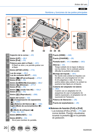 Page 2020
Antes del uso
 Nombres y funciones de las partes principales
23
21
22 24
27 25
26
20
28
29
17 18 19
31 32 33 34 35 12
30
12Sujeción de la correa  (→23)
17Botón [LV F] (→58) /
Botón [Fn4] (→70)
18Palanca para abrir el flash (→241) El flash se abre y se permite grabar con 
el flash.
19Botón [AF/AE LOCK] (→173)
20Luz de carga (→30) /
Luz de conexión Wi-Fi® (→302)
21Botón [  ]  ([Post-enfoque]) (→ 210) /
Botón [Fn2] (→70)
22Botón [Q.MENU/] (Cancelar) (→68) /
Botón [  ]  (Eliminar)  (→277 ) /
Botón [Fn3]...