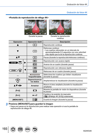 Page 193193
Grabación de fotos 4K
Grabación de fotos 4K

Durante la pausa Durante la reproducción continua
Operación Operación táctil Descripción
Reproducción continua
Retroceso continuo • Las cuadros retroceden en un intervalo de 
aproximadamente 0,5 segundos con una velocidad 
más rápida que la de la reproducción continua.
 Pausa (durante la reproducción/retroceso continuo)
ZS100 Reproducción con avance rápido
Avance de un cuadro (durante pausa)
ZS60 Reproducción con retroceso rápido
Retroceso de un cuadro...