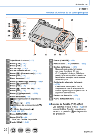 Page 2222
Antes del uso
 Nombres y funciones de las partes principales
22
19
21 23
26 24
25
18
17
30 31 32 33
20
10
10Sujeción de la correa 
(→23)
17Botón [LV F] (→58) /
Botón [Fn4] (→70)
18Luz de carga (→30) /
Luz de conexión Wi-Fi® (→302)
19Botón [  ]  ([Post-enfoque]) (→ 210) /
Botón [Fn2] (→70)
20Disco de control  (→51)
21Botón [Q.MENU/] (Cancelar) (→68) /
Botón [  ]  (Eliminar)  (→277 ) /
Botón [Fn3] (→70)
22Botón [  ] (modo foto 4K) (→184) /
Botón [Fn1]  (→70)
23Botón [  ]  (Reproducir)  (→268 )
24Botón...