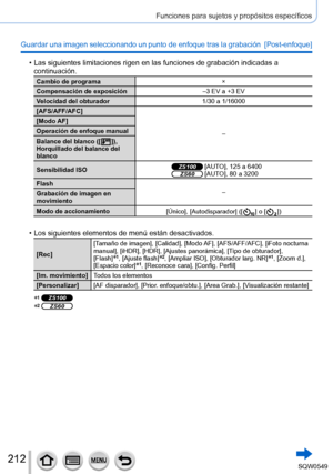 Page 212212
Funciones para sujetos y propósitos específicos
Guardar una imagen seleccionando un punto de enfoque tras la grabación  [Post-enfoque]
 • Las siguientes limitaciones rigen en las funciones de grabación indic\
adas a continuación.
Cambio de programa ×
Compensación de exposición –3 EV a +3 EV
Velocidad del obturador 1/30 a 1/16000
[AFS/AFF/AFC]
–
[Modo AF]
Operación de enfoque manual
Balance del blanco ([
  ]),
Horquillado del balance del 
blanco
Sensibilidad ISO
ZS100 [AUTO], 125 a 6400ZS60 [AUTO], 80...