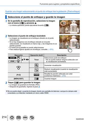 Page 214214
Funciones para sujetos y propósitos específicos
Guardar una imagen seleccionando un punto de enfoque tras la grabación  [Post-enfoque]
Seleccione el punto de enfoque y guarde la imagen
1En la pantalla de reproducción, seleccione la imagen 
con el icono [  ] y presione  • La misma operación puede ejecutarse tocando [  ].
2Seleccione el punto de enfoque tocándolo • La imagen se visualizará con el enfoque ubicado en el punto seleccionado.
 • Si no hay imágenes con el enfoque ubicado en el punto...