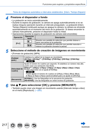 Page 217217
Funciones para sujetos y propósitos específicos
Toma de imágenes automática a intervalos establecidos  [Interv. Tiempo-Disparo] 
4Presione el disparador a fondo
 • La grabación se inicia automáticamente. • Durante la espera de grabación, la cámara se apaga automáticame\
nte si no se realiza ninguna operación durante un intervalo preajustado. La grabac\
ión [Interv. 
T
iempo-Disparo] continuará aunque se apague la cámara; la cámara se enciende \
automáticamente en el momento del inicio de la...