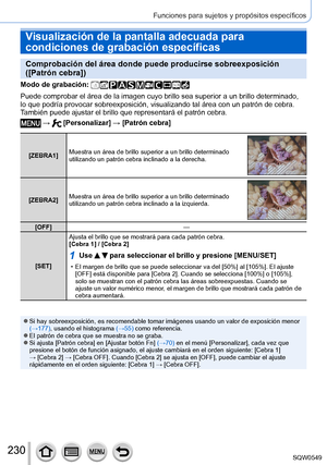 Page 230230
Funciones para sujetos y propósitos específicos
Visualización de la pantalla adecuada para 
condiciones de grabación específicas
Comprobación del área donde puede producirse sobreexposición 
([Patrón cebra])
Modo de grabación: 
Puede comprobar el área de la imagen cuyo brillo sea superior a un br\
illo determinado, 
lo que podría provocar sobreexposición, visualizando tal área c\
on un patrón de cebra. 
También puede ajustar el brillo que representará el patrón cebra\
.
 →  [Personalizar] → [Patrón...