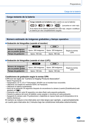 Page 3232
Preparativos
Carga de la batería
Carga restante de la batería
60pCarga restante en la batería (solo cuando se usa la batería)
(parpadea en color rojo)
Si la marca de la batería parpadea en color rojo, cargue o sustituya \
la batería por otra completamente cargada.
Número estimado de imágenes grabables y tiempo operativo
 ■Grabación de fotografías (usando el monitor)
ZS100ZS60
Número de imágenes 
que se pueden grabarAprox. 300 imágenes Aprox. 320 imágenes
Según la norma 
CIPA
Tiempo de grabación...