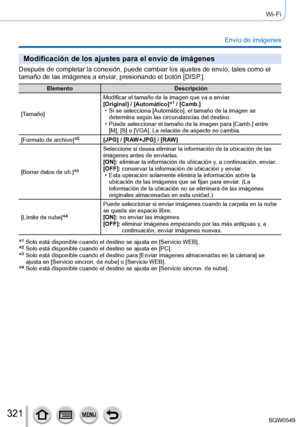 Page 321321
Wi-Fi
Envío de imágenes
Modificación de los ajustes para el envío de imágenes
Después de completar la conexión, puede cambiar los ajustes de env\
ío, tales como el 
tamaño de las imágenes a enviar, presionando el botón [DISP.].
ElementoDescripción
[Tamaño] Modificar el tamaño de la imagen que va a enviar.
[Original] / [Automático]
*1 / [Camb.] • Si se selecciona [Automático], el tamaño de la imagen se 
determina según las circunstancias del destino.
 • Puede seleccionar el tamaño de la imagen para...