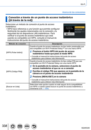 Page 338338
Wi-Fi
Acerca de las conexiones
Conexión a través de un punto de acceso inalámbrico  
([A través de la red])
Seleccione un método de conexión al punto de acceso 
inalámbrico.
 • WPS hace referencia a una función que permite configurar fácilmente los ajustes relacionados con la conexión y la 
seguridad de los dispositivos LAN inalámbricos. Para 
verificar si el punto de acceso inalámbrico que está 
usando es compatible con WPS, consulte el manual de 
instrucciones del punto de acceso inalámbrico....