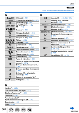 Page 364364
Otros
 Lista de visualizaciones del monitor/visor
  [Calidad] (→140)
120fps [Vídeo a alta velocidad] (→125)
[Post-enfoque] (→210)
AFS AFF AFC MF[AFS/AFF/AFC] (→148)/ 
MF (→167)
     Modo AF  (→149)
[Enfoque Gradual] (→264)
[Reconoce cara] (→226)
AFL Bloqueo de AF  (→173)
   Ráfaga (→202)
  [Foto 4K] (→184)
[Auto bracket] (→206)
  [Autodisparador] (→208)
Carga restante de la batería (→32)
 Grabación macro (→165)
[Nivelar disparo] (→266)
[Estabilizador] (→234)
Aviso de vibración  (→234)
Estado de...