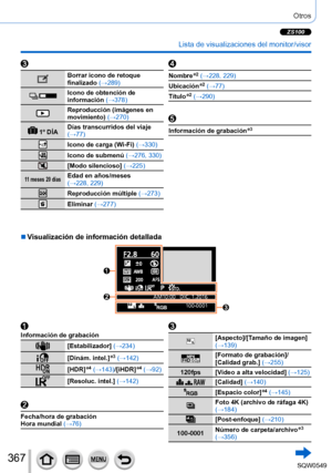 Page 367367
Otros
 Lista de visualizaciones del monitor/visor
Borrar icono de retoque 
finalizado (→289)
Icono de obtención de 
información  (→378)
Reproducción (imágenes en 
movimiento) (→270)
 1º DÍADías transcurridos del viaje 
(→77)
Icono de carga (Wi-Fi) (→330)
Icono de submenú 
(→276, 330)
[Modo silencioso] (→225)
11 meses 20 díasEdad en años/meses  
(→228, 229)
Reproducción múltiple  (→273)
Eliminar (→277)
Nombre*2 (→228, 229)
Ubicación
*2 (→77)
Título
*2 (→290)
Información de grabación*3
Información de...