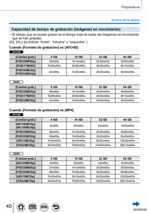 Page 4040
Preparativos
Acerca de la tarjeta
Capacidad de tiempo de grabación (imágenes en movimiento)
 • El tiempo que se puede grabar es el tiempo total de todas las imágene\
s en movimiento que se han grabado.
([h], [
m] y [s] indican “horas”, “minutos” y “segundos”.)
Cuando [Formato de grabación] es [AVCHD]
ZS100
[Calidad grab.] 8 GB16 GB 32 GB64 GB
[FHD/28M/60p] 36m00s 1h15m00s 2h30m00s 5h00m00s
[FHD/17M/60i] 1h00m00s 2h00m00s 4h05m00s 8h15m00s
[FHD/24M/30p]
[FHD/24M/24p] 42m00s 1h25m00s 2h55m00s 5h50m00s...