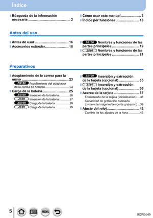 Page 55
Índice
 ■Búsqueda de la información 
necesaria ............................................. 2
 ■Antes de usar ............................. .......16
 ■Accesorios estándar ........ .................18
Antes del uso
 ■ZS100 Nombres y funciones de las 
partes principales ............................. 19
 ■ZS60 Nombres y funciones de las 
partes principales ............................. 21
Preparativos
 ■Acoplamiento de la correa para la 
mano .......
........................................... 23
ZS100...