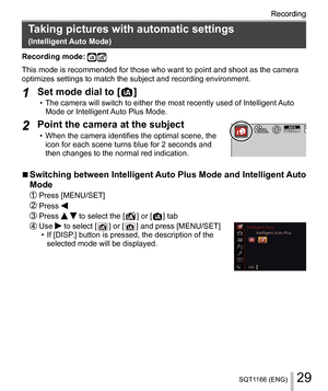 Page 2929SQT1166 (ENG)
Recording  
Recording
 
 
Taking pictures with automatic settings  
(Intelligent Auto Mode)
 
Recording mode:   
