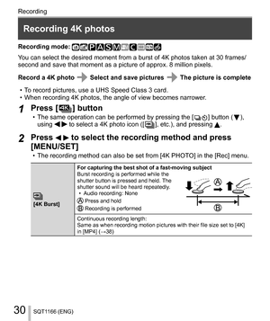 Page 3030
Recording
SQT1166 (ENG)
   
Recording 4K photos
 
Recording mode:   
Y