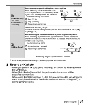 Page 3131SQT1166 (ENG)
Recording
 
   [4K Burst(S/S)]
  “S/S” is an 
abbreviation of 
“Start/Stop”.  For capturing unpredictable photo opportunities
  Burst recording starts when the shutter 
button is pressed and stops when pressed 
again. Start and stop tones will be heard.
  • Audio recording: Available
   
Start (First)
   Stop (Second)
   Recording is performed
  Continuous recording length:
  