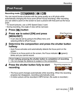 Page 3333SQT1166 (ENG)
Recording
   
[Post Focus]
 
Recording mode:   
Y