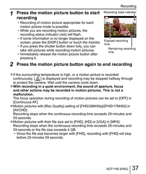 Page 3737SQT1166 (ENG)
Recording
  1 
 
Press the motion picture button to start 
recording
  • Recording of motion picture appropriate for each 
motion picture mode is possible.
  • While you are recording motion pictures, the 
recording status indicator (red) will flash.
  • If some information is no longer displayed on the 
screen, press the [DISP.] button or touch the monitor.
  • If you press the shutter button down fully, you can 
