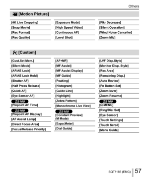 Page 5757SQT1166 (ENG)
Others
  [Motion Picture]
  [4K Live Cropping]
  [Snap Movie]
  [Rec Format]
  [Rec Quality] 
[Exposure Mode]
  [High Speed Video]
  [Continuous AF]
  [Level Shot] 
[Flkr Decrease]
  [Silent Operation]
  [Wind Noise Canceller]
  [Zoom Mic]
 
[Cust.Set Mem.]
  [Silent Mode]
  [AF/AE Lock]
  [AF/AE Lock Hold]
  [Shutter AF]
  [Half Press Release]
  [Quick AF]
  [Eye Sensor AF]
 
ZS100 >3LQSRLQW$)7LPH@

ZS100 >3LQSRLQW$)LVSOD\@
 >$)$VVLVW/DPS@
 >LUHFW)RFXV$UHD@
...