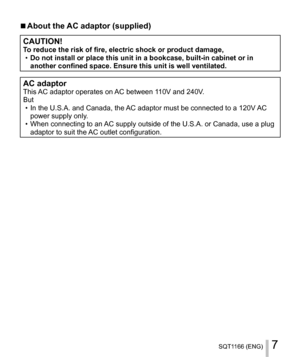 Page 77SQT1166 (ENG)
  ■ 
About the AC adaptor (supplied)
 
CAUTION! 
T