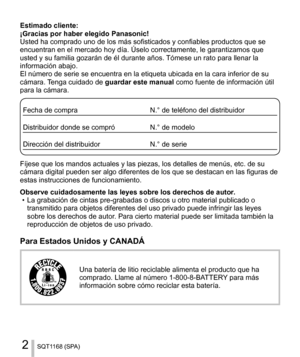 Page 22SQT1168 (SPA)
  Estimado cliente:
¡Gracias por haber elegido Panasonic!
  