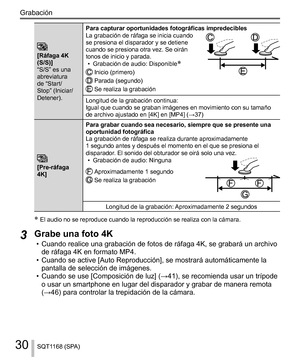 Page 3030
Grabación
SQT1168 (SPA)
 
   [Ráfaga 4K 
(S/S)]
  “S/S” es una 
abreviatura 
de “Start/
Stop” (Iniciar/
Detener).  