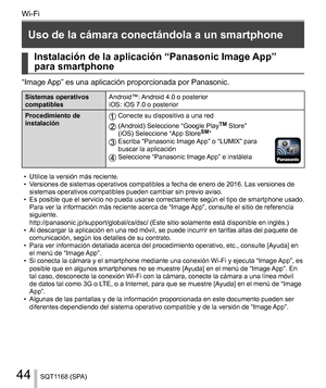 Page 4444
Wi-Fi
SQT1168 (SPA)
  Uso de la cámara conectándola a un smartphone
  
Instalación de la aplicación “Panasonic Image App” 
para smartphone
  “Image 