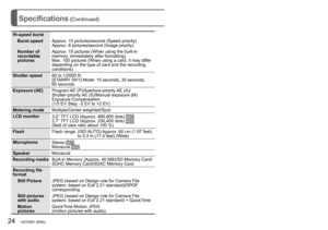 Page 2424   VQT2S91 (ENG) (ENG) VQT2S91   25
Specifications (Continued)
Hi-speed burstBurst speed Approx. 10 pictures/second (Speed priority)
Approx. 6 pictures/second (Image priority)
Number of 
recordable 
pictures Approx. 15 pictures (When using the built-in 
memory, immediately after formatting)
Max. 100 pictures (When using a card, it may differ 
depending on the type of card and the recording 
conditions)
Shutter speed 60 to 1/2000 th
[STARRY SKY] Mode: 15 seconds, 30 seconds, 
60
  seconds
Exposure (AE)...