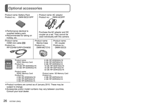 Page 2626   VQT2S91 (ENG) (ENG) VQT2S91   27
Optional accessoriesDigital Camera Accessory Order Form
Please photocopy this form when placing an order.
1. Digital Camera Model #                                          
2. Items Ordered
Accessory #  Description Price Each Quantity Total Price
Subtotal
Your State & Local Sales Tax
Shipping & Handling 6.95Total Enclosed 
3.Method of payment (check one)
   Check of Money Order enclosed (NO C.O.D.SHIPMENTS)   VISA  Credit Card #       MasterCard Expiration Date...