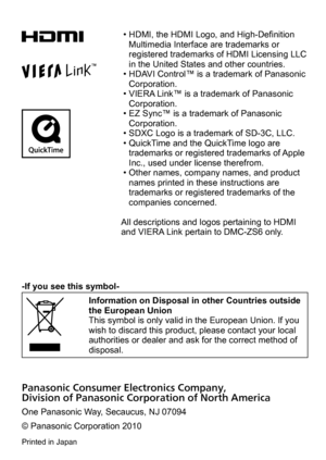 Page 35 • HDMI, the HDMI Logo, and High-Definition Multimedia Interface are trademarks or 
registered trademarks of HDMI Licensing LLC 
in the United States and other countries.
 • HDA

VI Control™ is a trademark of Panasonic 
Corporation.
 • VIERA

 Link™ is a trademark of Panasonic 
Corporation.
 • EZ Sync™ is a trademark of Panasonic  Corporation.
 • SDXC Logo is a trademark of SD-3C, LLC. • QuickT

ime and the QuickTime logo are 
trademarks or registered trademarks of Apple 
Inc., used under license...