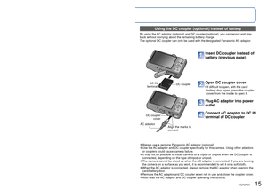 Page 1514   VQT2R20VQT2R20   15
 
Inserting and removing the card (optional)/
the battery
Set the camera ON/OFF switch to OFF
Slide to the [OPEN] position 
and open the lid
[OPEN] [LOCK]
Release lever
Completely insert battery 
and card
 • Battery: Push in until the lever is locked
 • Memory card: Push in until it clicks
Close lid
Slide to the [LOCK] position.
 
■To remove
 
• To remove battery:  
• To remove card:
move lever in 
direction of arrow.
Leverpress down in 
center.
 
●Always use genuine Panasonic...