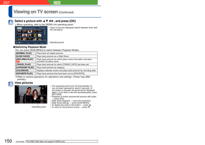 Page 150150   VQT2R20VQT2R20   151
Viewing on TV screen (Continued)
The DMC-ZS5 does not support VIERA Link.
Select a picture with ▲▼◄►, and press [OK]
 • When operating, refer to the VIERA Link operating panel.
Types of pictures displayed (switch between them with 
the red button) 
Operating panel 
 
■Switching Playback Mode 
You can press [SUB MENU] to switch between Playback Modes. 
[NORMAL PLAY]  Plays back all subject pictures.
[SLIDE SHOW] Plays back pictures as a Slide Show. 
[GPS AREA PLAY] 
Plays back...