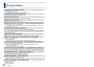 Page 154154   VQT2R20VQT2R20   155
Meanings of and required responses to major messages displayed on LCD mo\
nitor.Message displays
[THIS MEMORY CARD CANNOT BE USED]
 
●A MultiMediaCard was inserted. 
  → Not compatible with the camera. Use a compatible card.
[THIS MEMORY CARD IS WRITE-PROTECTED]
 
●Unlock the write-protect switch on the card. ( →16)
[NO VALID PICTURE TO PLAY]
 
●Take pictures, or insert a different card already containing pictures.
[THIS PICTURE IS PROTECTED]
 
●Release the protection before...