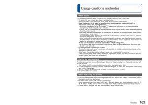 Page 163162   VQT2R20VQT2R20   163
Q&A  Troubleshooting (Continued) 
Usage cautions and notes
 Others
Menu not displayed in desired language. 
●Change [LANGUAGE] setting (→28).
Camera rattles if shaken. 
●This sound is made by the lens movement and is not a fault.
Cannot set [AUTO REVIEW]. 
●Cannot be set when any of the following are in use: [AUTO BRACKET], [MULTI ASPECT], [BURST], 
[SELF PORTRAIT], [HI-SPEED BURST], and [FLASH BURST] Scene Modes, and [AUDIO REC.\
].
Red lamp illuminated when pressing shutter...