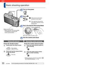 Page 3030   VQT2R20VQT2R20   31
 
Basic shooting operationPlease set the Clock before shooting (→17).
Holding the camera
 Mode dial
For the operating procedures for the DMC-ZS6/DMC-ZS5 ( →32)
Shutter button
Motion picture button  • Motion pictures can be recorded immediately by pressing the 
motion picture button.
Turn on the power
Set to  
 :  Still pictures and motion  pictures can be taken.
 :  The captured still pictures and motion pictures can be 
played back.
Set to the desired Recording Mode 
Set to the...