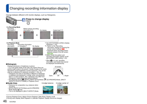 Page 4646   VQT2R20VQT2R20   47
 
Changing recording information display 
Taking pictures with flash
Recording Mode:         
Change between different LCD monitor displays, such as Histograms.
 
■ HistogramDisplays distribution of brightness in picture
– e.g. if the graph peaks at the right, this means there are 
several bright areas in the picture. (Guide) A peak in the center 
represents correct brightness (correct exposure). This can be 
used as a reference for exposure correction ( →53), etc.
 • Histogram...