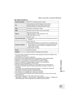 Page 115115LSQT1011
With a computer
Before using with a computer (Windows)
∫DVDfunSTUDIO 2.4
≥Even if the system requirements mentioned in these operating instructions are fulfilled, some 
computers cannot be used.
≥This software can not be used on Macintosh.
≥DirectX 9.0b will be installed automatically during installation of the supplied software.
≥Operation on an OS other than the one pre-installed is not guaranteed.
≥Operation is not guaranteed on computers that are not PC/AT compatible. 
≥Input is not...