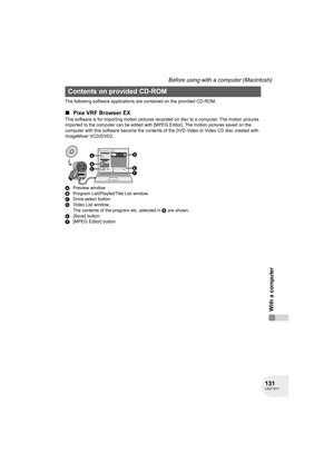 Page 131131LSQT1011
With a computer
Before using with a computer (Macintosh)
The following software applications are contained on the provided CD-ROM.
∫Pixe VRF Browser EX
This software is for importing motion pictures recorded on disc to a computer. The motion pictures 
imported to the computer can be edited with [MPEG Editor]. The motion pictures saved on the 
computer with this software become the contents of the DVD-Video or Video CD disc created with 
ImageMixer VCD/DVD2.
APreview window
BProgram...